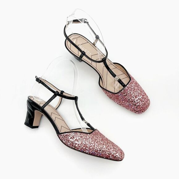 GUCCI Pink Glitter T-Strap Embellished Size 37.5 US 7.5 Leather GG Marmont - Picture 1 of 14